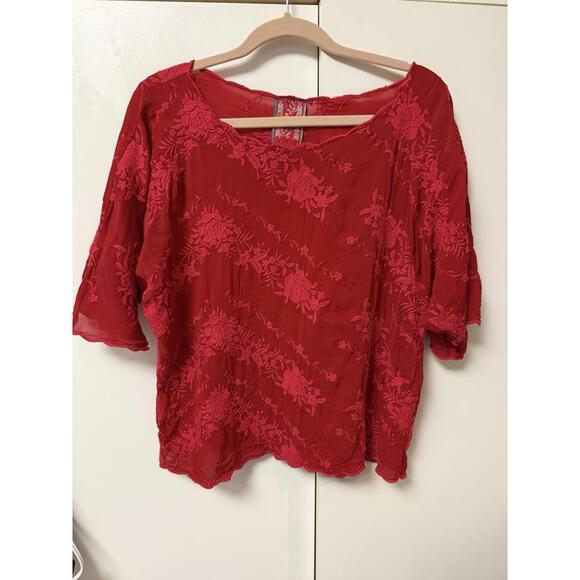 Johnny Was Tierra Floral Flower Embroider S Cupra Blouse Shirt Red Burnout Boho - Picture 1 of 5